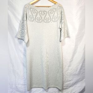 St. John Knit Sheath Shimmer Pointelle Santana Knit Cut-Out Midi Sweater Dress